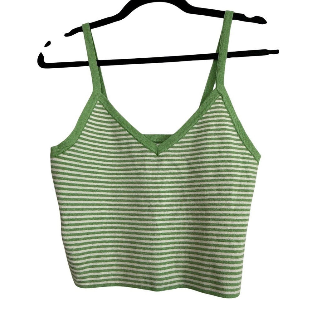 LA Hearts Green White Striped Knit Crop Tank Top V-Neck Camisole Medium